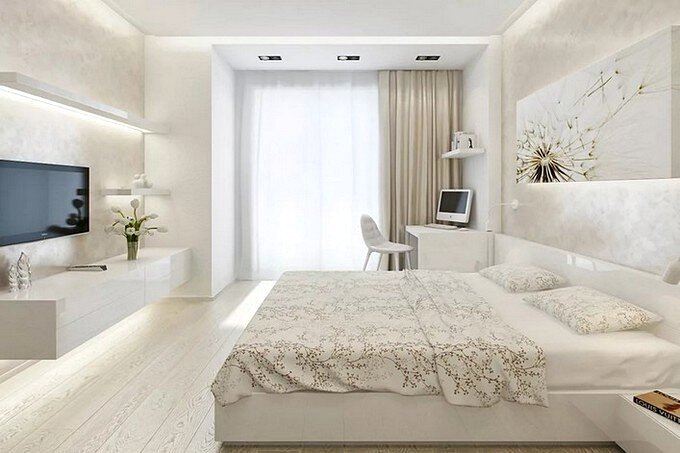 Дизайн спальни в современном стиле в светлых тонах 15 кв.м